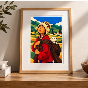 Boy Carrying a Puppy — digital illustration shown as a display example. No physical item, frame or props included.