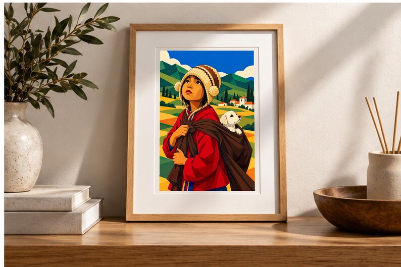 Boy Carrying a Puppy — digital illustration shown as a display example. No physical item, frame or props included.