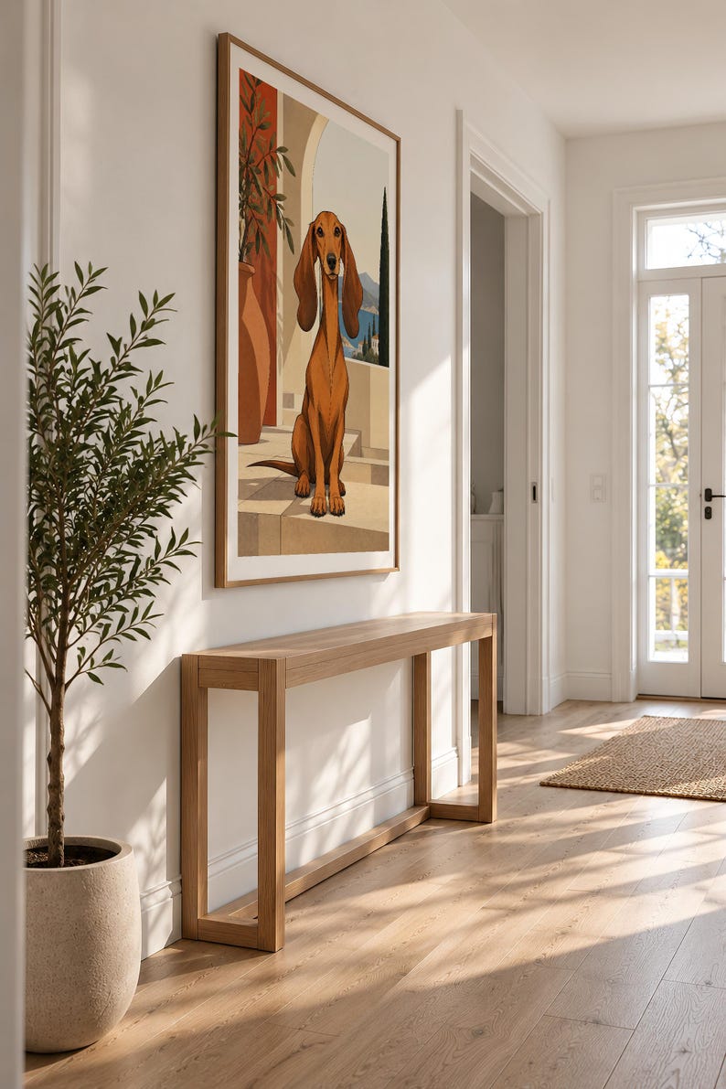 Mediterranean Dachshund — unframed fine art print. Frames and room accessories are not included.