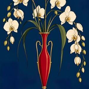 White Orchids in a Colourful Vase — unframed fine art print. Frames and room accessories are not included.