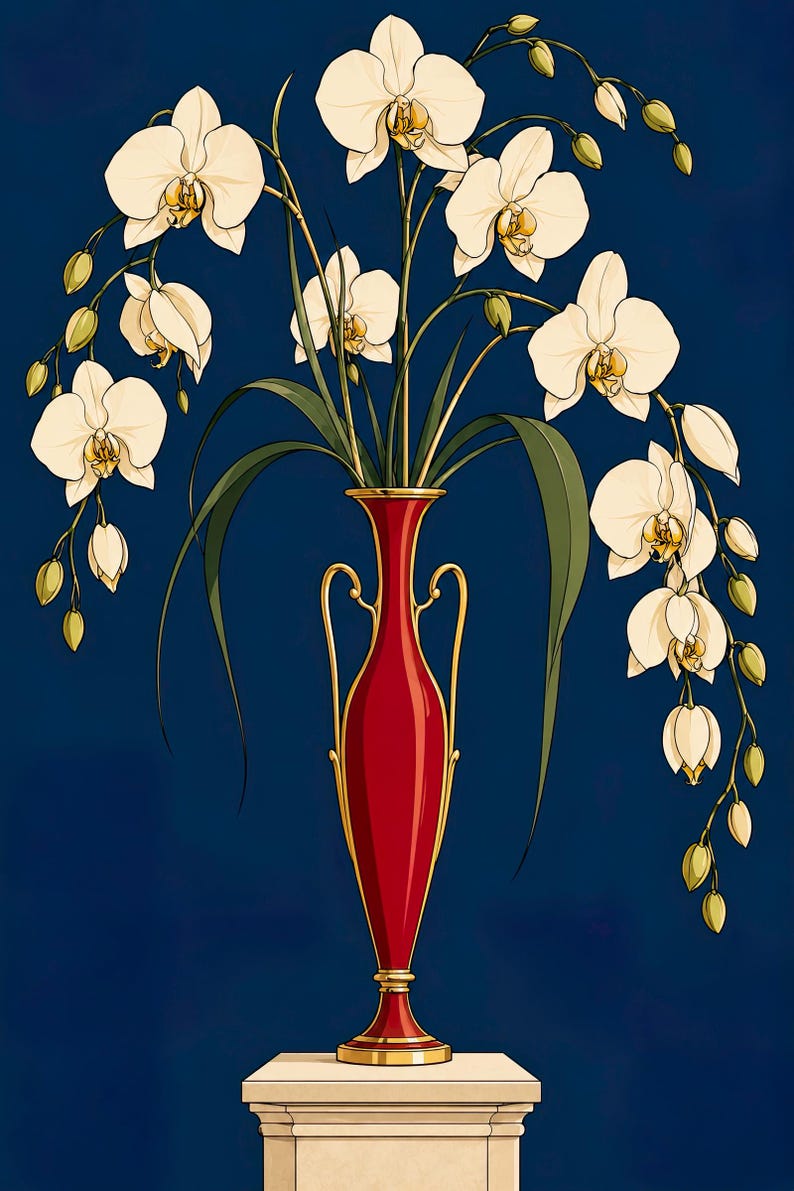 White Orchids in a Colourful Vase — unframed fine art print. Frames and room accessories are not included.