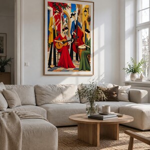 Musicians in a Mediterranean Courtyard — unframed fine art print. Frames and room accessories are not included.