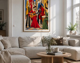 Musicians in a Mediterranean Courtyard Art Print, 40x60 cm Unframed Wall Art, Contemporary Fine Art by Zhydora