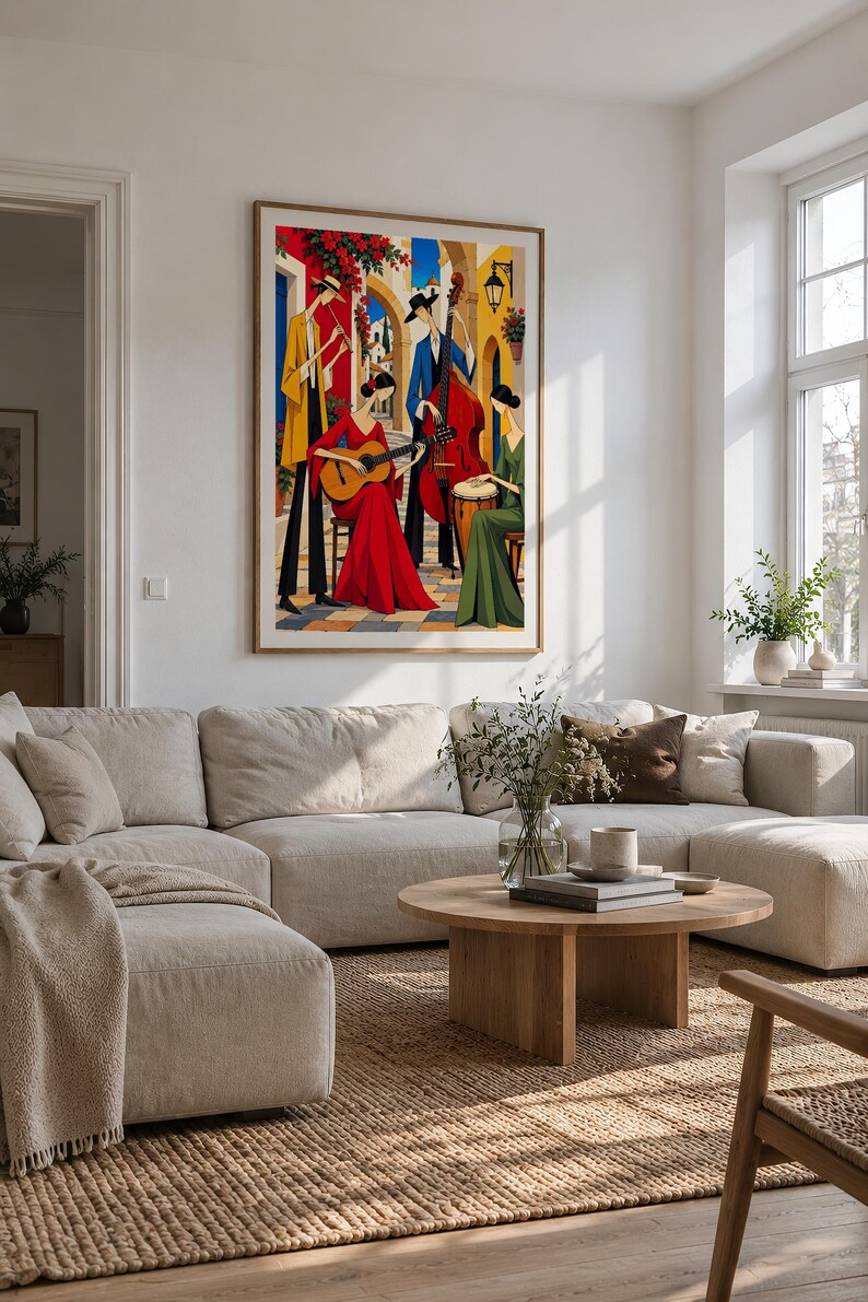 Musicians in a Mediterranean Courtyard — unframed fine art print. Frames and room accessories are not included.