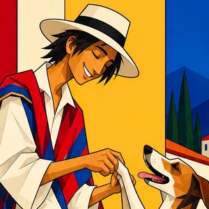 May include: A person with dark hair wearing a white hat and a red, blue, and yellow poncho over a white shirt. The person is smiling and interacting with a brown and white dog. The background features a stylized landscape with a yellow sun and buildings.