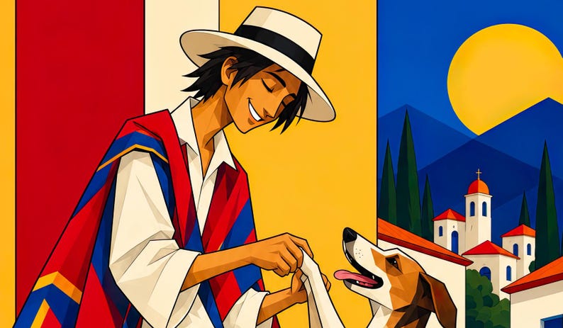 May include: A person with dark hair wearing a white hat and a red, blue, and yellow poncho over a white shirt. The person is smiling and interacting with a brown and white dog. The background features a stylized landscape with a yellow sun and buildings.