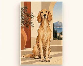 Mediterranean Golden Retriever Printable Wall Art, Colorful Digital Download, A4 A5 and 2:3 JPG Files