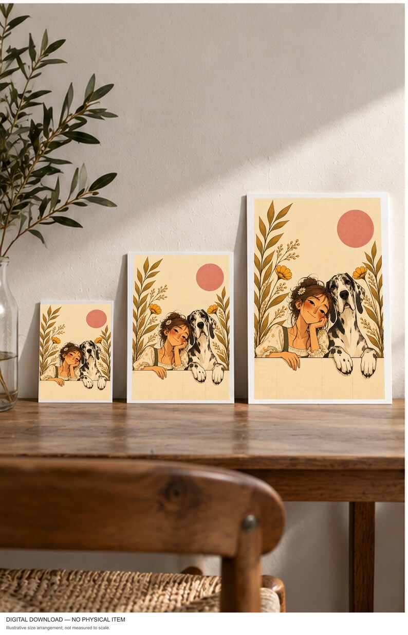 A Girl and Her Great Dane — digital illustration shown as a display example. No physical item, frame or props included.