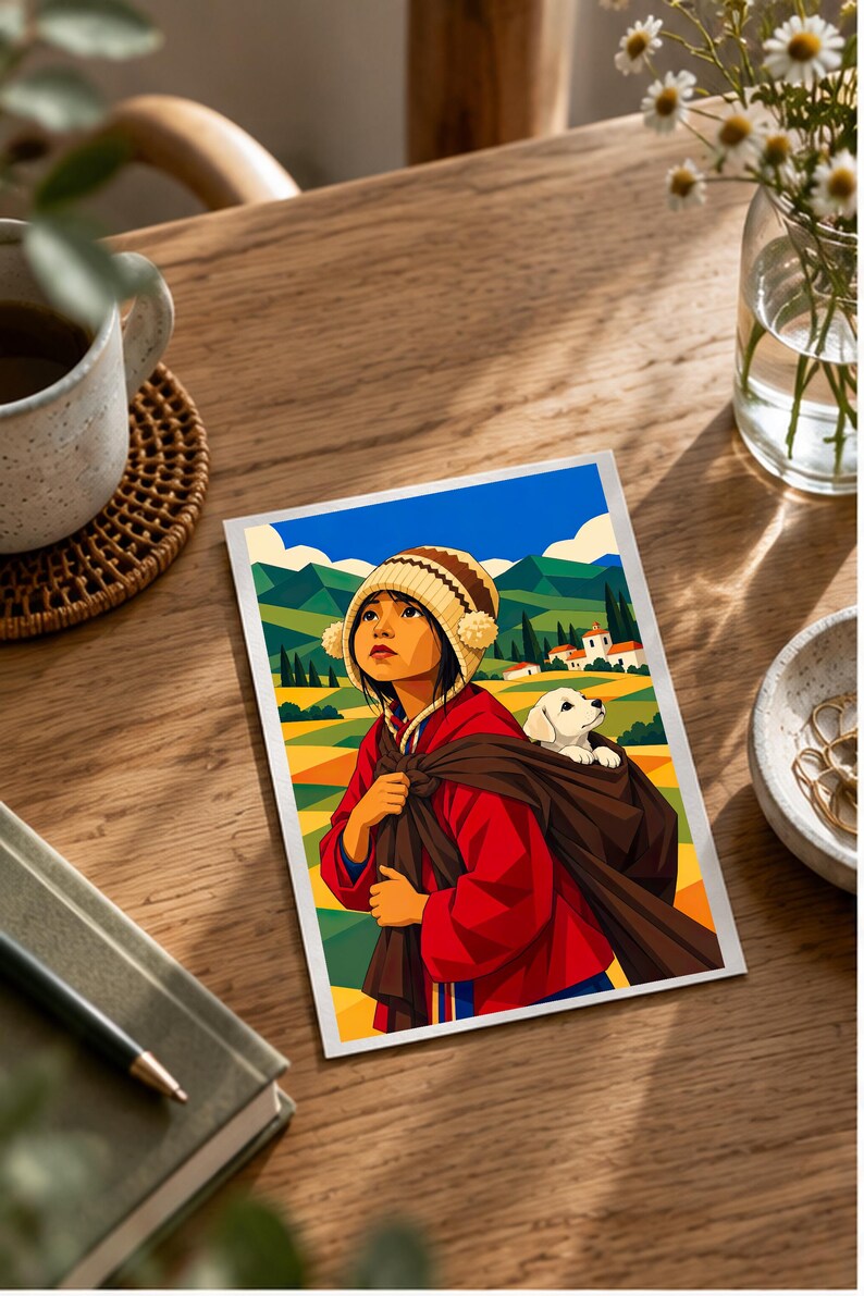 Boy Carrying a Puppy — digital illustration shown as a display example. No physical item, frame or props included.
