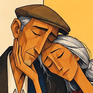 May include: An illustration of an older person with grey hair in a bun resting their head on the shoulder of an older person wearing a brown flat cap and a dark jacket. Both figures have closed eyes and tan skin tones against a yellow background.