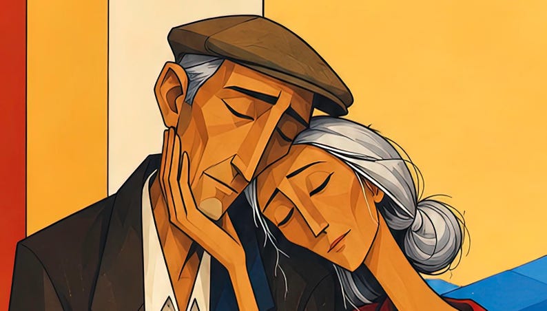 May include: An illustration of an older person with grey hair in a bun resting their head on the shoulder of an older person wearing a brown flat cap and a dark jacket. Both figures have closed eyes and tan skin tones against a yellow background.