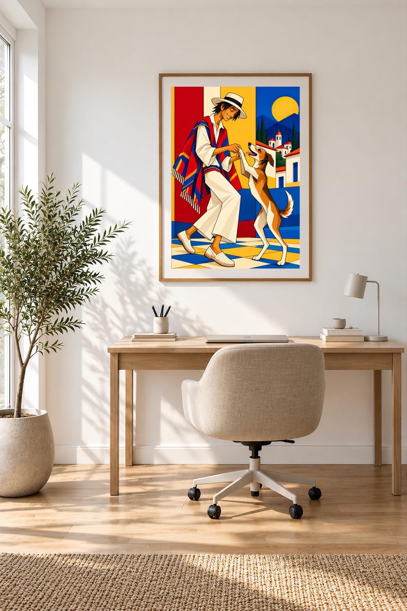 May include: A framed wall art print featuring a colorful illustration of a person wearing a white outfit and a straw hat, draped in a red, blue, and yellow poncho, interacting with a brown and white dog on a checkered floor with a village background.