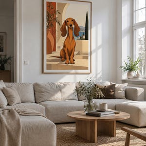 Mediterranean Dachshund Art Print, 40x60 cm Unframed Wall Art, Contemporary Fine Art by Zhydora