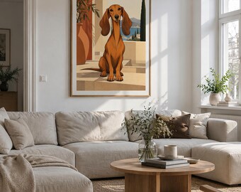 Mediterranean Dachshund Art Print, 40x60 cm Unframed Wall Art, Contemporary Fine Art by Zhydora