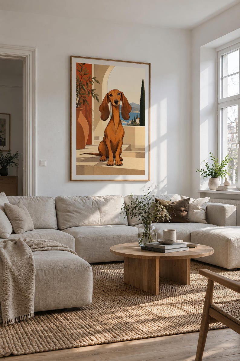 Mediterranean Dachshund — unframed fine art print. Frames and room accessories are not included.