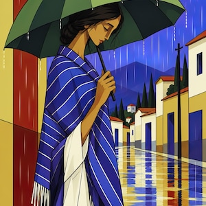 May include: A digital illustration of a person with dark hair in a bun, wearing a blue and white striped shawl with fringe, holding a large green umbrella during a rainstorm in a town with yellow buildings and blue doors.