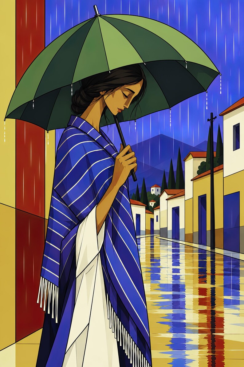 May include: A digital illustration of a person with dark hair in a bun, wearing a blue and white striped shawl with fringe, holding a large green umbrella during a rainstorm in a town with yellow buildings and blue doors.