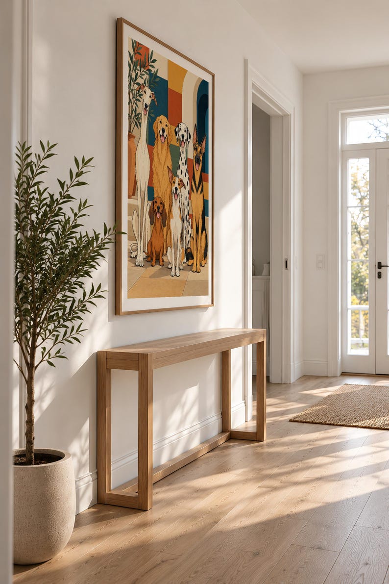 Six Dogs in a Mediterranean Courtyard — unframed fine art print. Frames and room accessories are not included.