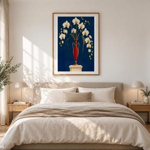 White Orchids in a Colourful Vase — unframed fine art print. Frames and room accessories are not included.