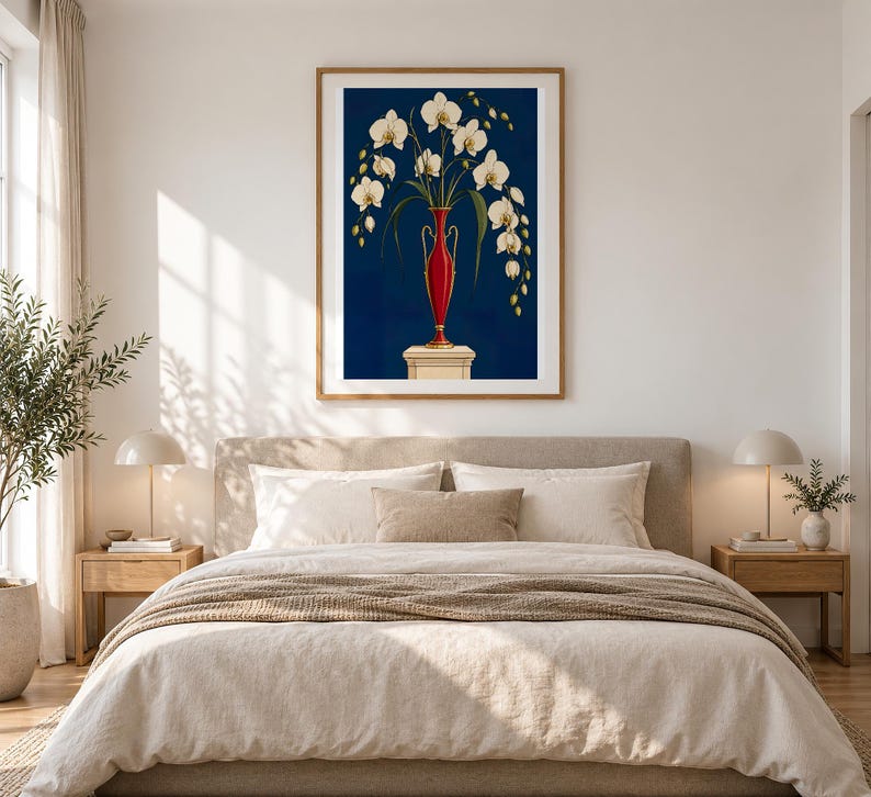 White Orchids in a Colourful Vase — unframed fine art print. Frames and room accessories are not included.