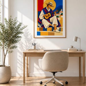 Guitarist Under the Mediterranean Sun — unframed fine art print. Frames and room accessories are not included.