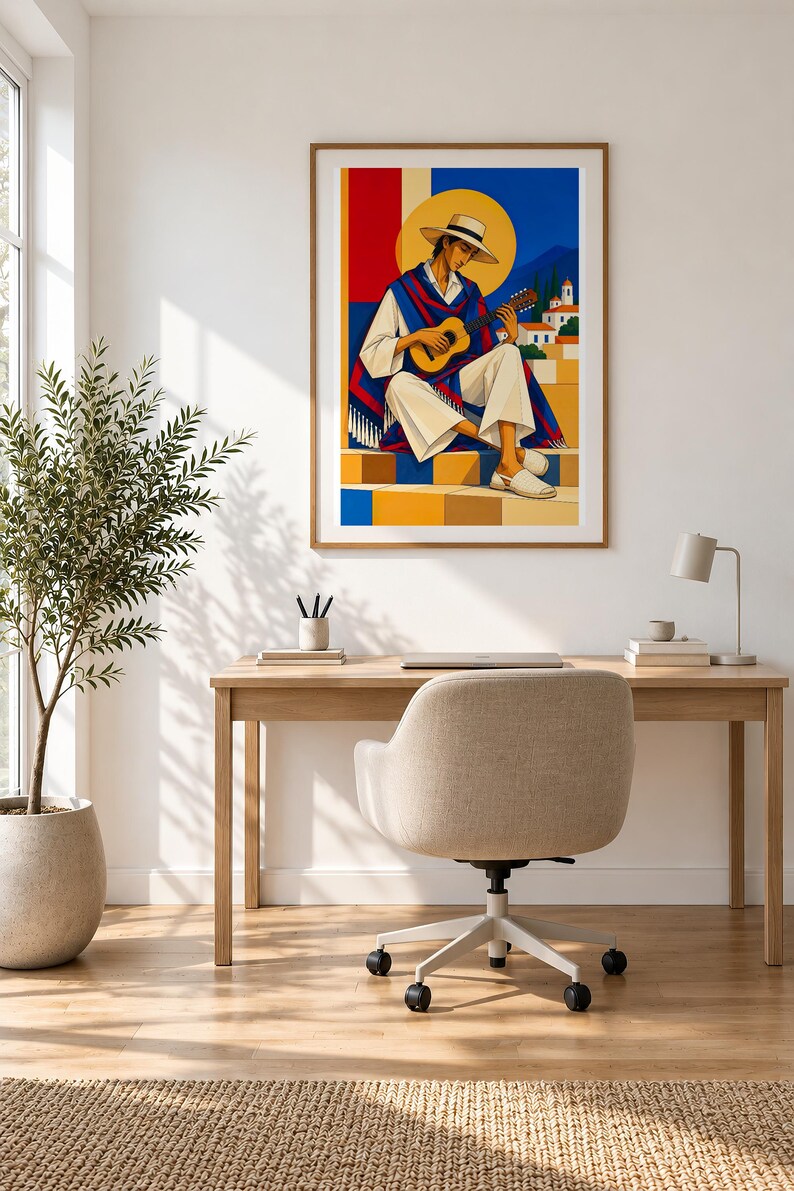 Guitarist Under the Mediterranean Sun — unframed fine art print. Frames and room accessories are not included.