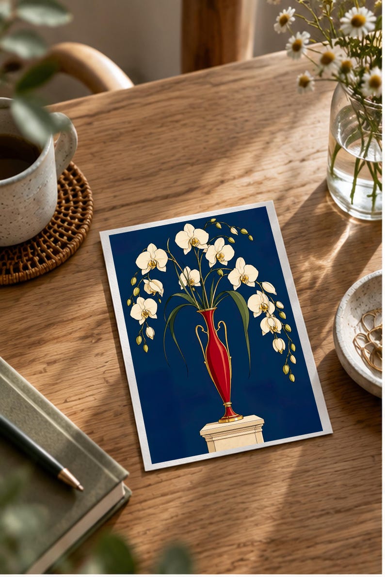 White Orchids in a Colourful Vase — digital illustration shown as a display example. No physical item, frame or props included.