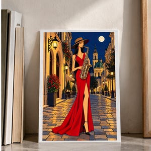 Saxophonist Under the Moon — digital illustration shown as a display example. No physical item, frame or props included.