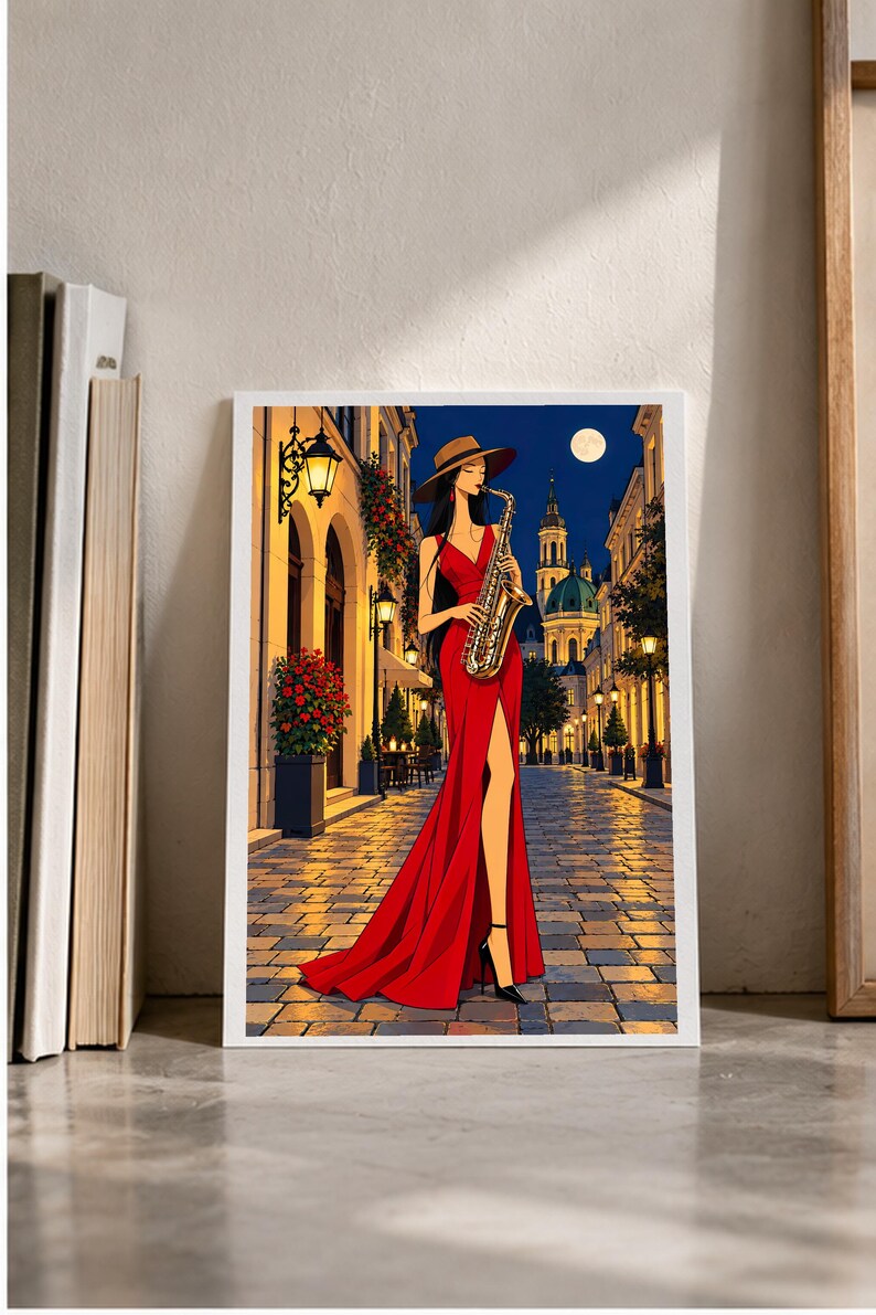 Saxophonist Under the Moon — digital illustration shown as a display example. No physical item, frame or props included.