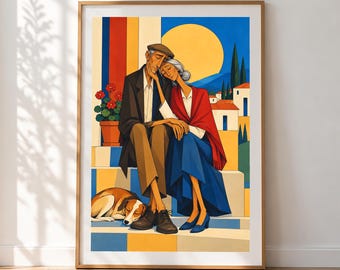 Kunstdruck „Älteres Ehepaar“, Wandbild „Liebe, die ewig währt“, romantisches figuratives Kunstwerk, farbenfroher, zeitgenössischer Kunstdruck