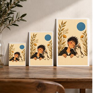 A Boy and His Tabby Cat — digital illustration shown as a display example. No physical item, frame or props included.