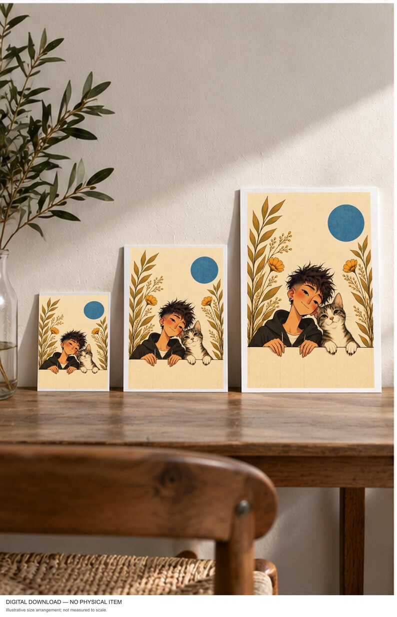 A Boy and His Tabby Cat — digital illustration shown as a display example. No physical item, frame or props included.