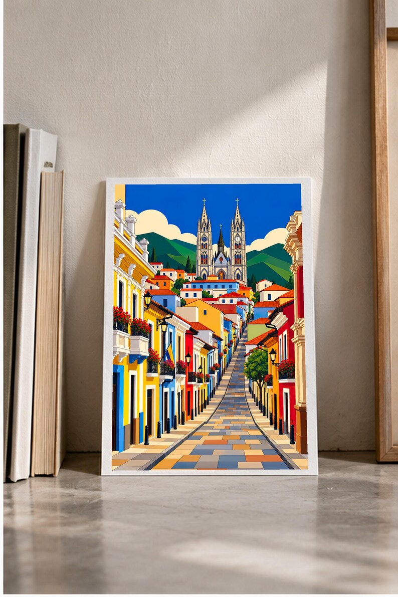 Street to the Cathedral — Quito, Ecuador — digital illustration shown as a display example. No physical item, frame or props included.