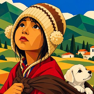 May include: A digital illustration of a person wearing a beige knit hat with pom-poms and a red garment, carrying a small white puppy in a brown cloth sling. The background features a landscape with green mountains, yellow fields, and white buildings.