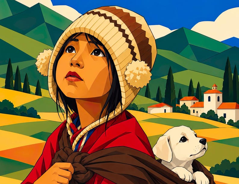 May include: A digital illustration of a person wearing a beige knit hat with pom-poms and a red garment, carrying a small white puppy in a brown cloth sling. The background features a landscape with green mountains, yellow fields, and white buildings.