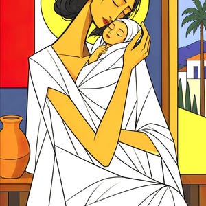 May include: A stylized illustration of a figure with dark hair in a bun and a yellow halo, wearing a white robe and holding a swaddled infant. An orange vase sits to the left, while a palm tree and buildings are visible through a window.