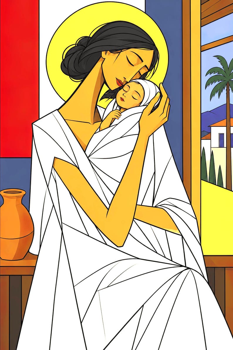 May include: A stylized illustration of a figure with dark hair in a bun and a yellow halo, wearing a white robe and holding a swaddled infant. An orange vase sits to the left, while a palm tree and buildings are visible through a window.