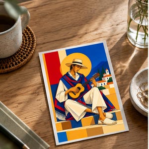 Guitarist Under the Mediterranean Sun — digital illustration shown as a display example. No physical item, frame or props included.