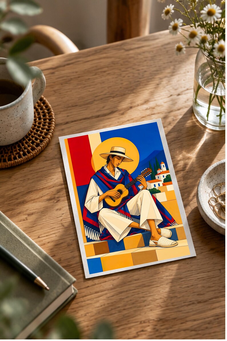 Guitarist Under the Mediterranean Sun — digital illustration shown as a display example. No physical item, frame or props included.