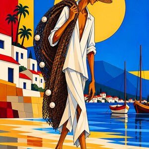 Fisherman by the Mediterranean Sea — unframed fine art print. Frames and room accessories are not included.