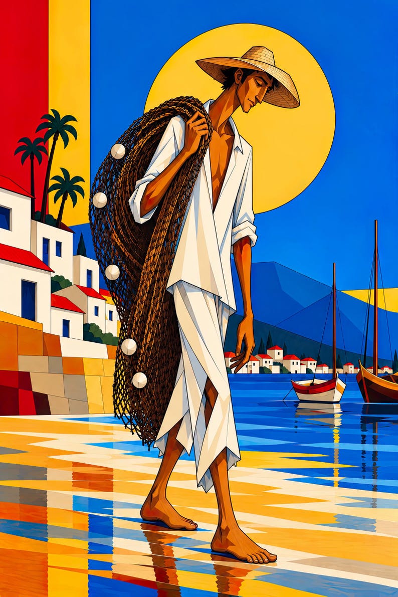 Fisherman by the Mediterranean Sea — unframed fine art print. Frames and room accessories are not included.