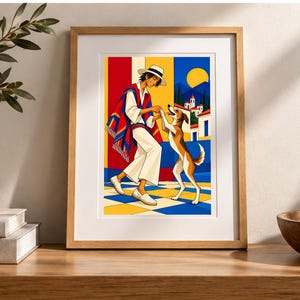 Man Dancing With Dog — digital illustration shown as a display example. No physical item, frame or props included.