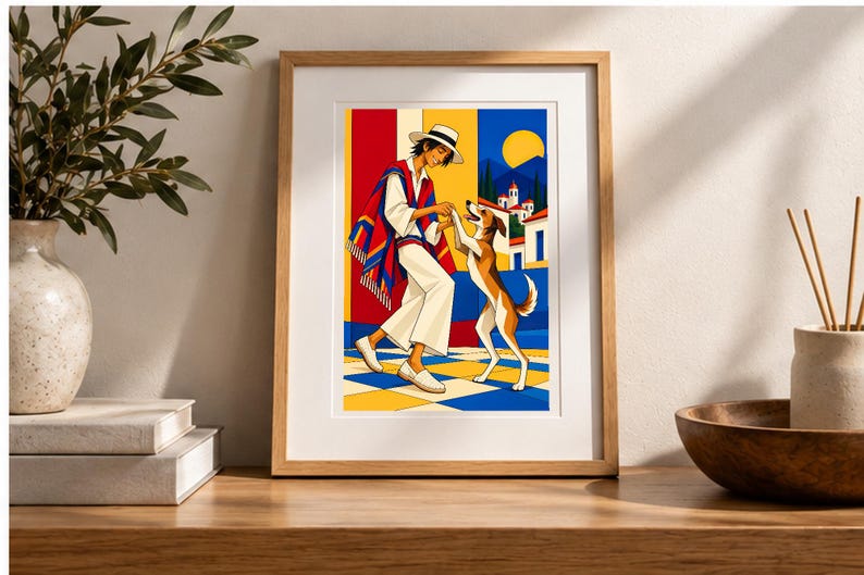 Man Dancing With Dog — digital illustration shown as a display example. No physical item, frame or props included.