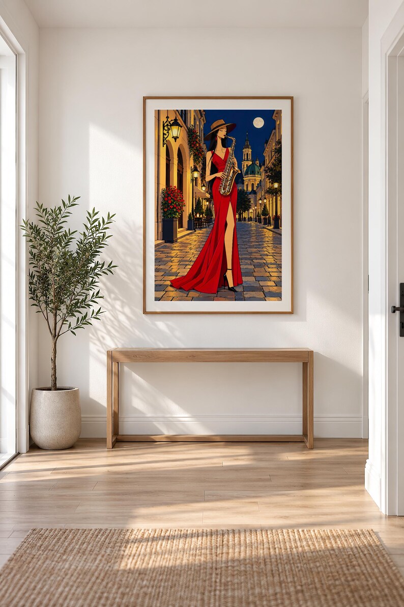 Saxophonist Under the Moon — unframed fine art print. Frames and room accessories are not included.
