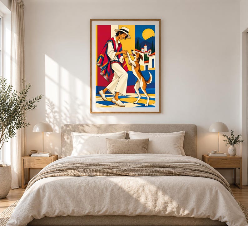 May include: A framed wall art print featuring a colorful illustration of a person wearing a wide-brimmed hat and a striped poncho, interacting with a brown and white dog. The scene includes a yellow sun, blue mountains, and white buildings.