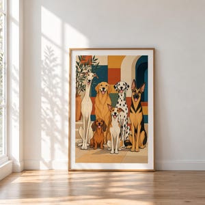 Six Dogs in a Mediterranean Courtyard — unframed fine art print. Frames and room accessories are not included.