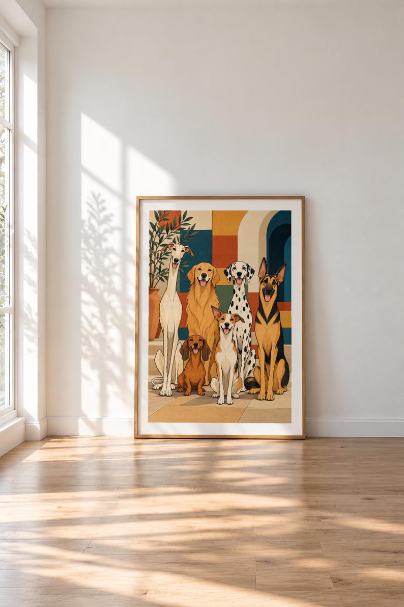 Six Dogs in a Mediterranean Courtyard — unframed fine art print. Frames and room accessories are not included.