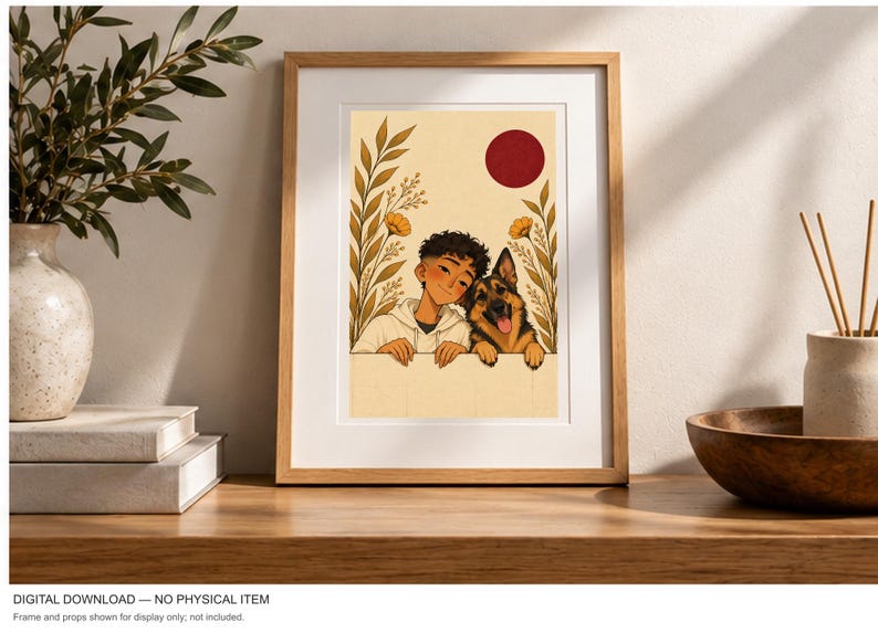 Friendship by the Garden Wall — digital illustration shown as a display example. No physical item, frame or props included.