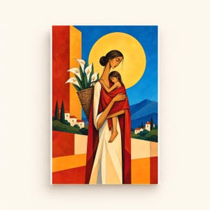 Mother and Child Under the Golden Sun — digital illustration shown as a display example. No physical item, frame or props included.