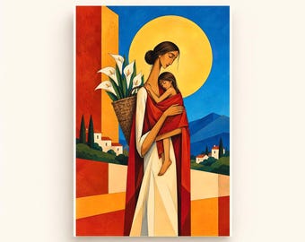 Mother and Child Under the Golden Sun Printable Wall Art, Colorful Digital Download, A4 A5 and 2:3 JPG Files